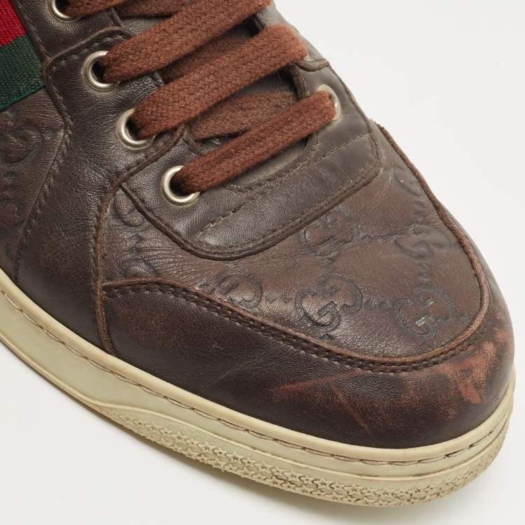 Pre Owned Gucci Brown Guccissima Leather Web High Top Sneakers Size 40
