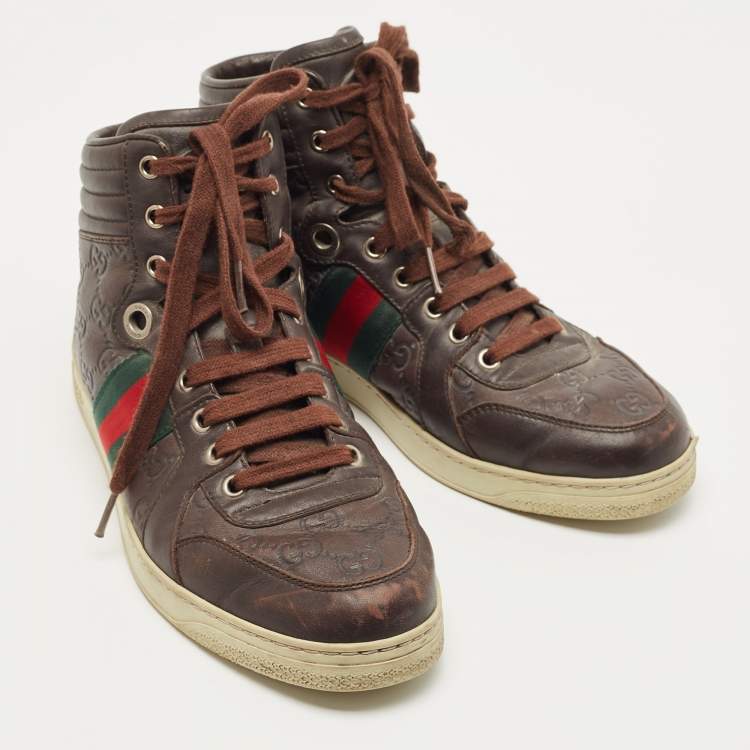 Pre Owned Gucci Brown Guccissima Leather Web High Top Sneakers Size 40