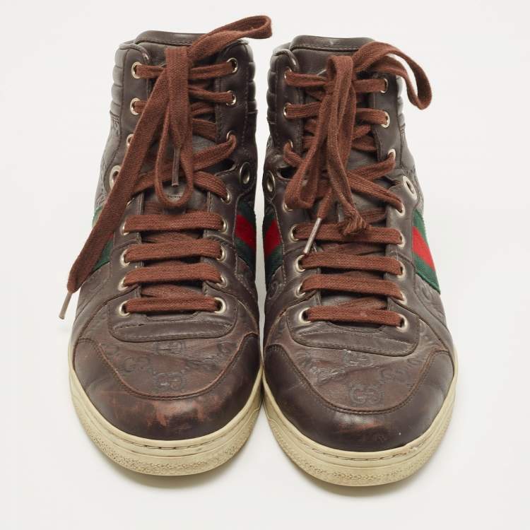 Pre Owned Gucci Brown Guccissima Leather Web High Top Sneakers Size 40