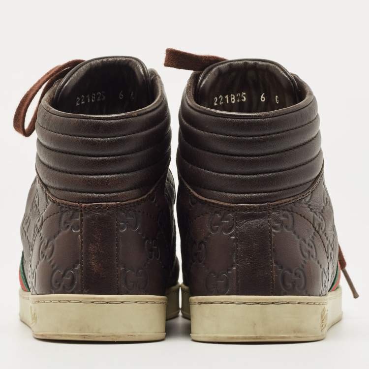 Pre Owned Gucci Brown Guccissima Leather Web High Top Sneakers Size 40