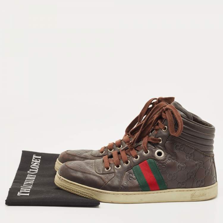 Pre Owned Gucci Brown Guccissima Leather Web High Top Sneakers Size 40