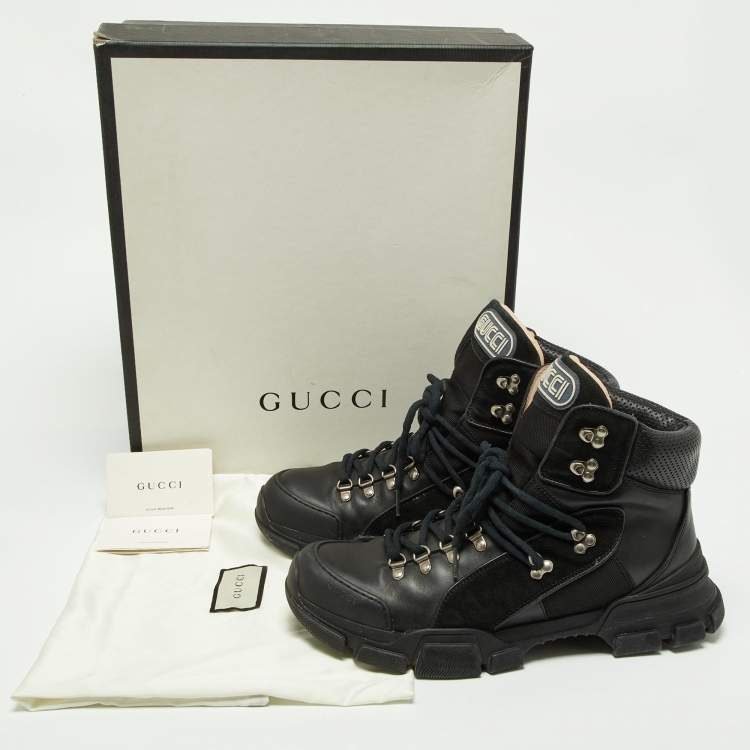 Pre Owned Gucci Black Leather and Suede Flashtrek Ankle Boots Size 45.5