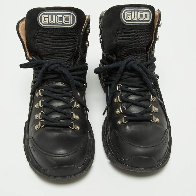 Pre Owned Gucci Black Leather and Suede Flashtrek Ankle Boots Size 45.5