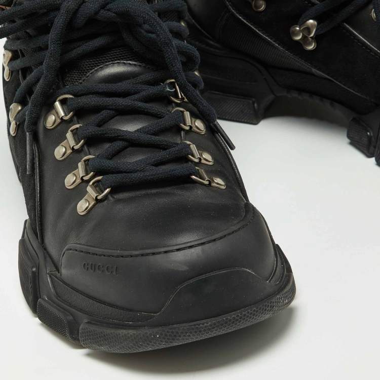Pre Owned Gucci Black Leather and Suede Flashtrek Ankle Boots Size 45.5