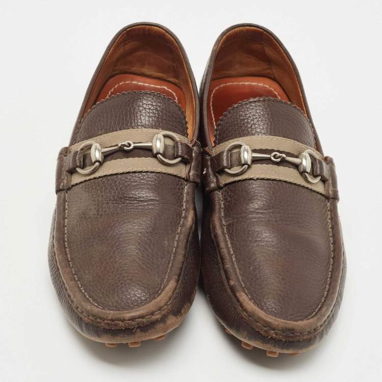Pre Owned Gucci Brown Leather Horsebit Loafers Size 43