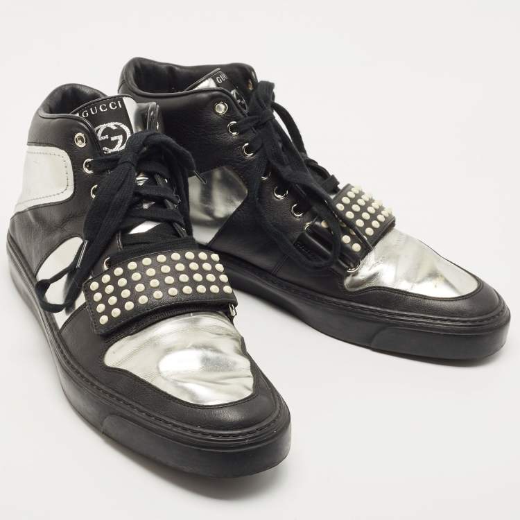 Pre Owned Gucci Black/Silver Leather Ayoyo High Top Sneakers Size 43.5