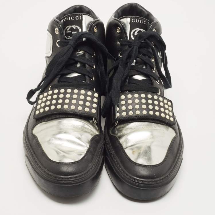 Pre Owned Gucci Black/Silver Leather Ayoyo High Top Sneakers Size 43.5