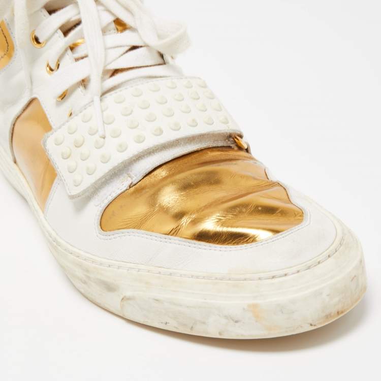 Pre Owned Gucci White/Gold Leather Lace Up High Top Sneakers Size 44