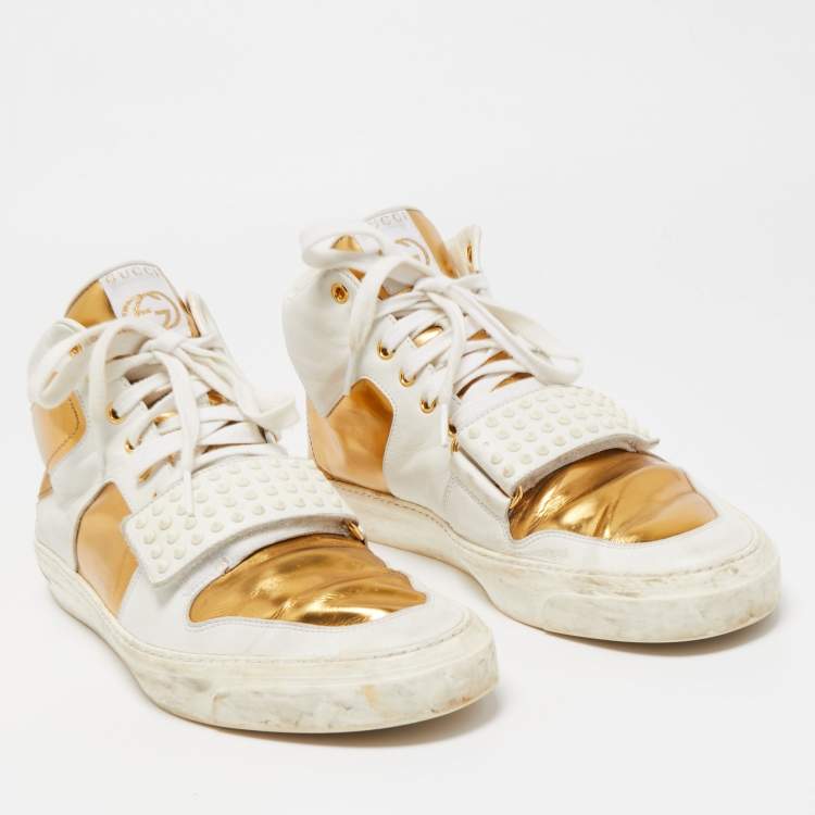 Pre Owned Gucci White/Gold Leather Lace Up High Top Sneakers Size 44