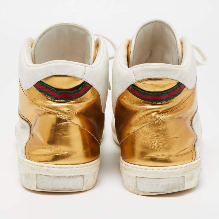 Pre Owned Gucci White/Gold Leather Lace Up High Top Sneakers Size 44