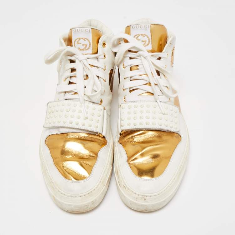 Pre Owned Gucci White/Gold Leather Lace Up High Top Sneakers Size 44