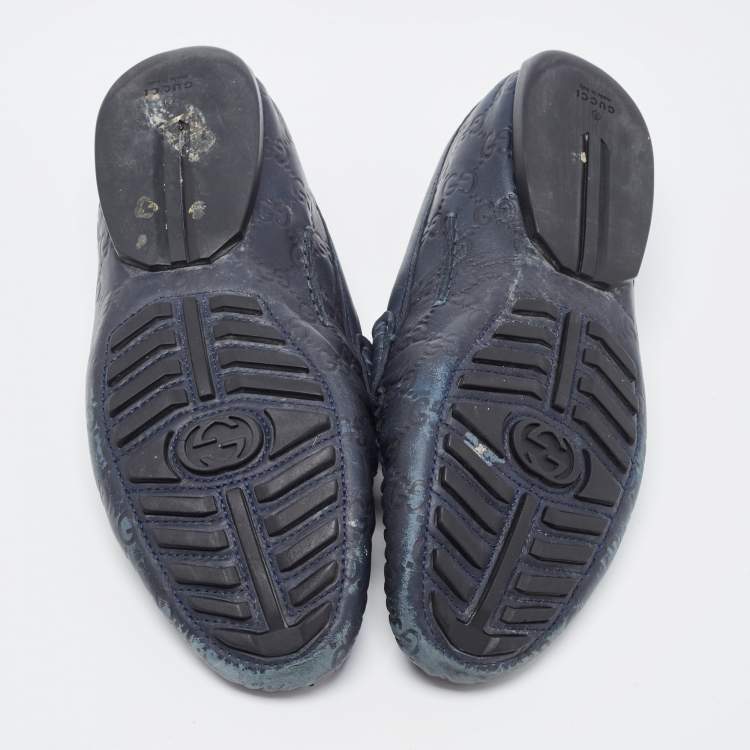 Pre Owned Gucci Navy Blue Leather Penny Slip On Loafers Size 42.5