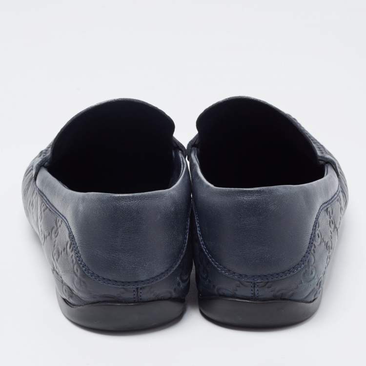 Pre Owned Gucci Navy Blue Leather Penny Slip On Loafers Size 42.5