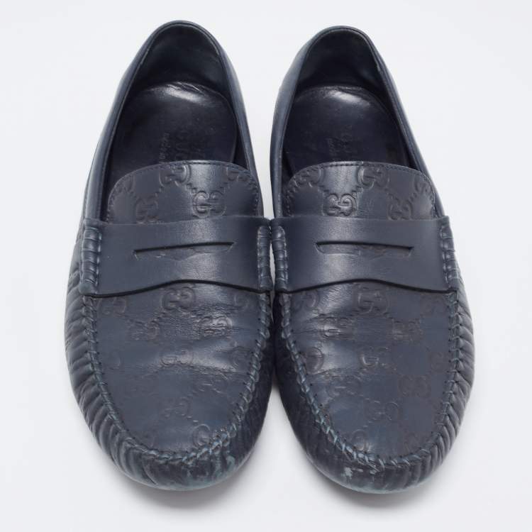 Pre Owned Gucci Navy Blue Leather Penny Slip On Loafers Size 42.5