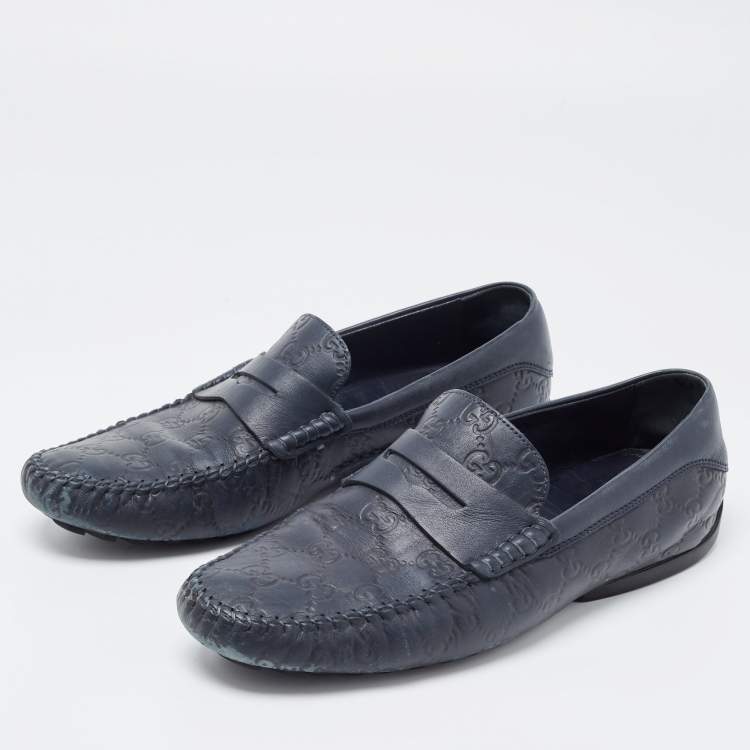Pre Owned Gucci Navy Blue Leather Penny Slip On Loafers Size 42.5