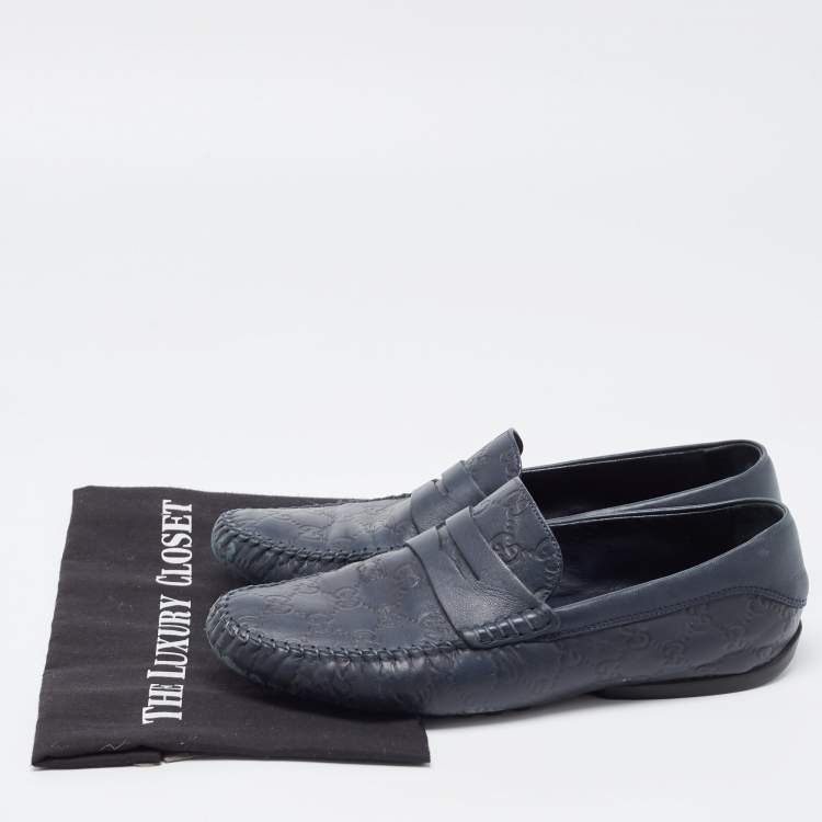 Pre Owned Gucci Navy Blue Leather Penny Slip On Loafers Size 42.5