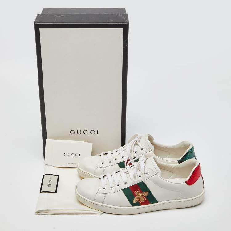 Pre Owned Gucci White Leather and Watersnake Leather Ace Bee Embroidered Sneakers Size 42.5