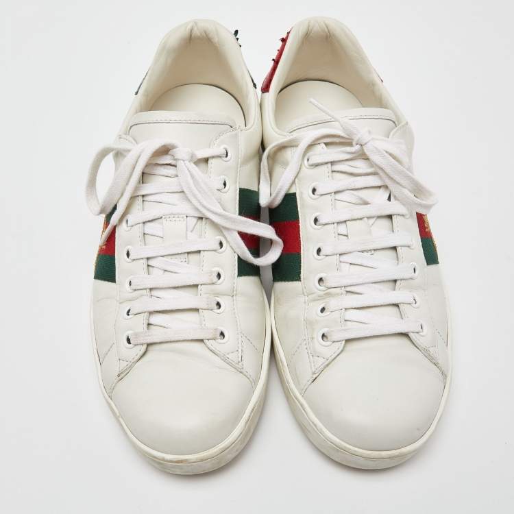Pre Owned Gucci White Leather and Watersnake Leather Ace Bee Embroidered Sneakers Size 42.5