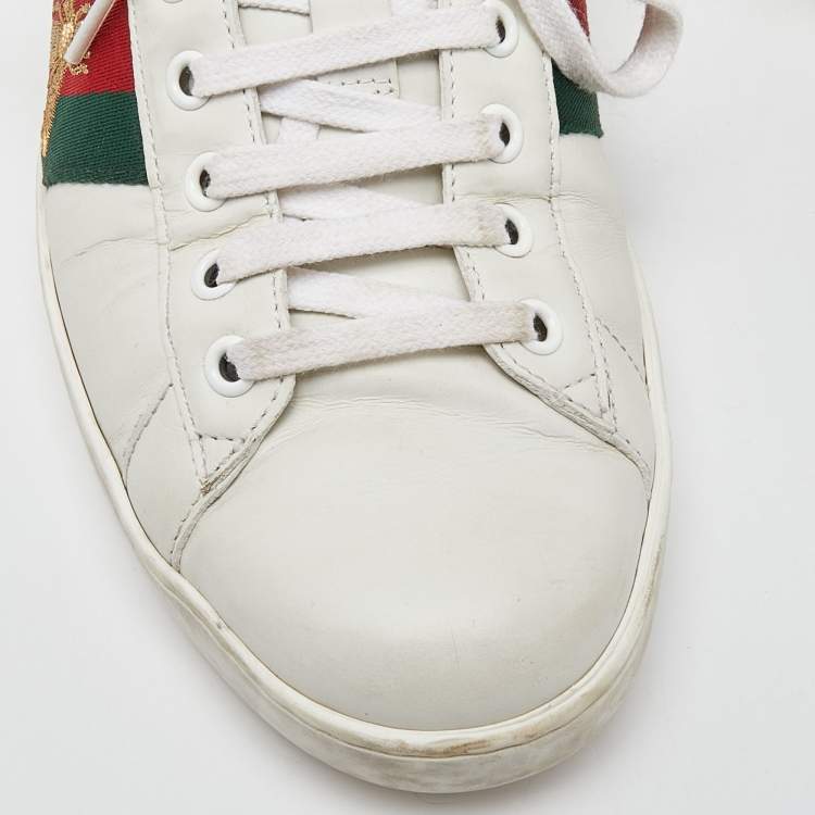 Pre Owned Gucci White Leather and Watersnake Leather Ace Bee Embroidered Sneakers Size 42.5