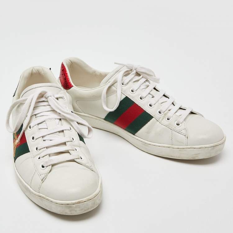 Pre Owned Gucci White Leather and Watersnake Leather Ace Bee Embroidered Sneakers Size 42.5