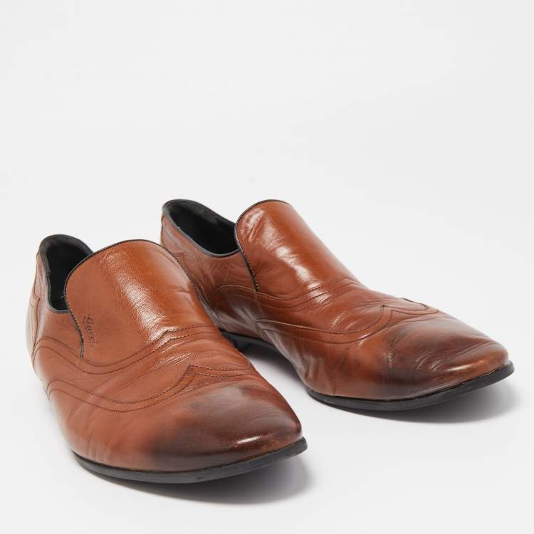 Pre Owned Gucci Brown Leather Slip On Loafers Size 45.5