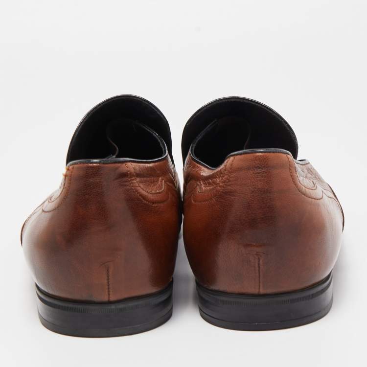 Pre Owned Gucci Brown Leather Slip On Loafers Size 45.5