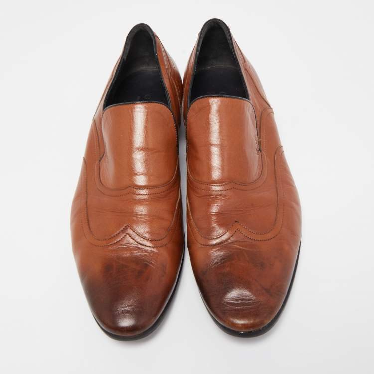 Pre Owned Gucci Brown Leather Slip On Loafers Size 45.5