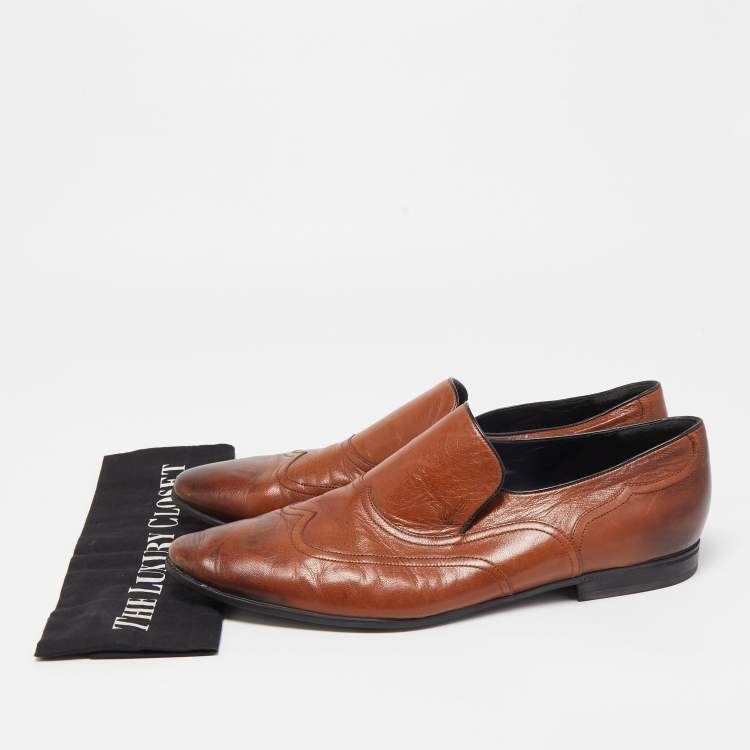 Pre Owned Gucci Brown Leather Slip On Loafers Size 45.5