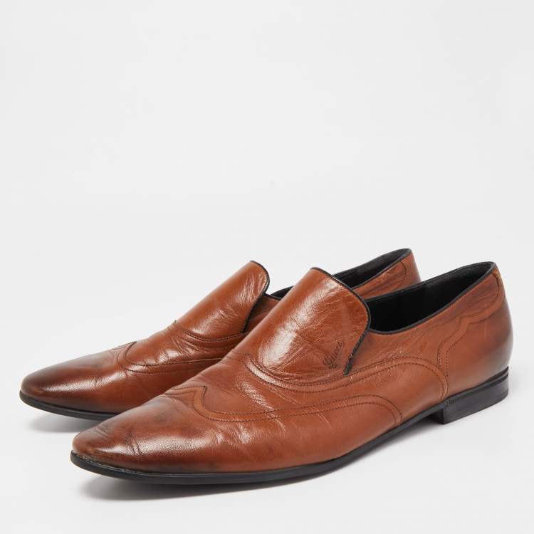 Pre Owned Gucci Brown Leather Slip On Loafers Size 45.5