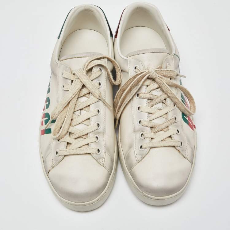 Pre Owned Gucci Off White Leather Ace Low Top Sneakers Size 42