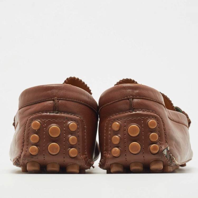 Pre Owned Gucci Brown Leather Bamboo Horsebit Web Loafers Size 45