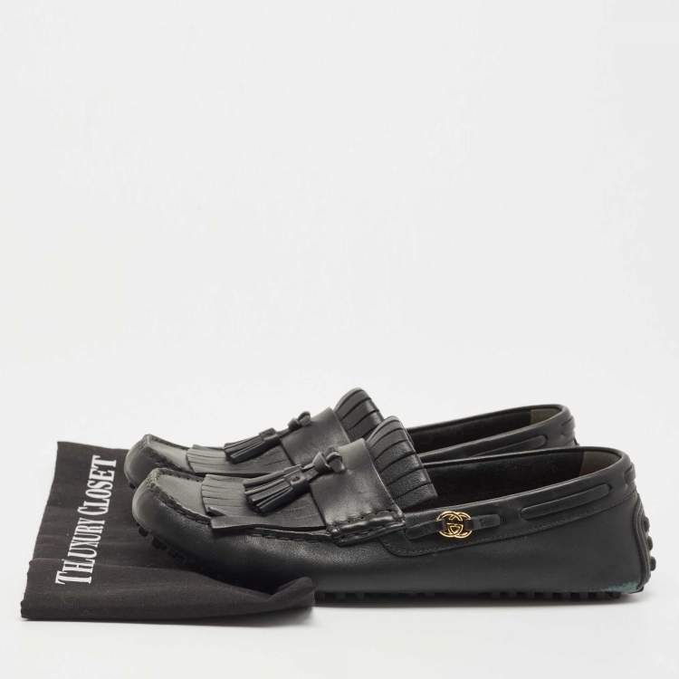 Pre Owned Gucci Black Leather Fringe Tassel Detail Slip On Loafers Size 42.5
