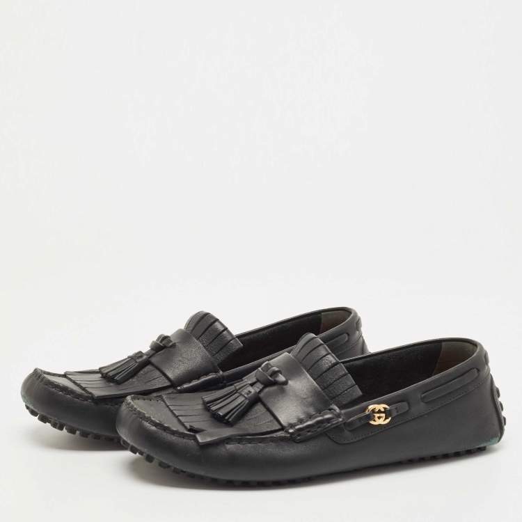 Pre Owned Gucci Black Leather Fringe Tassel Detail Slip On Loafers Size 42.5