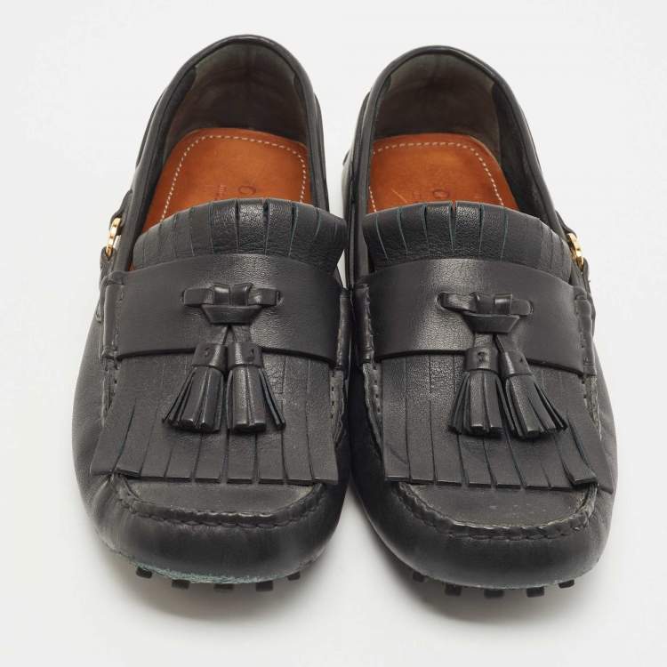 Pre Owned Gucci Black Leather Fringe Tassel Detail Slip On Loafers Size 42.5
