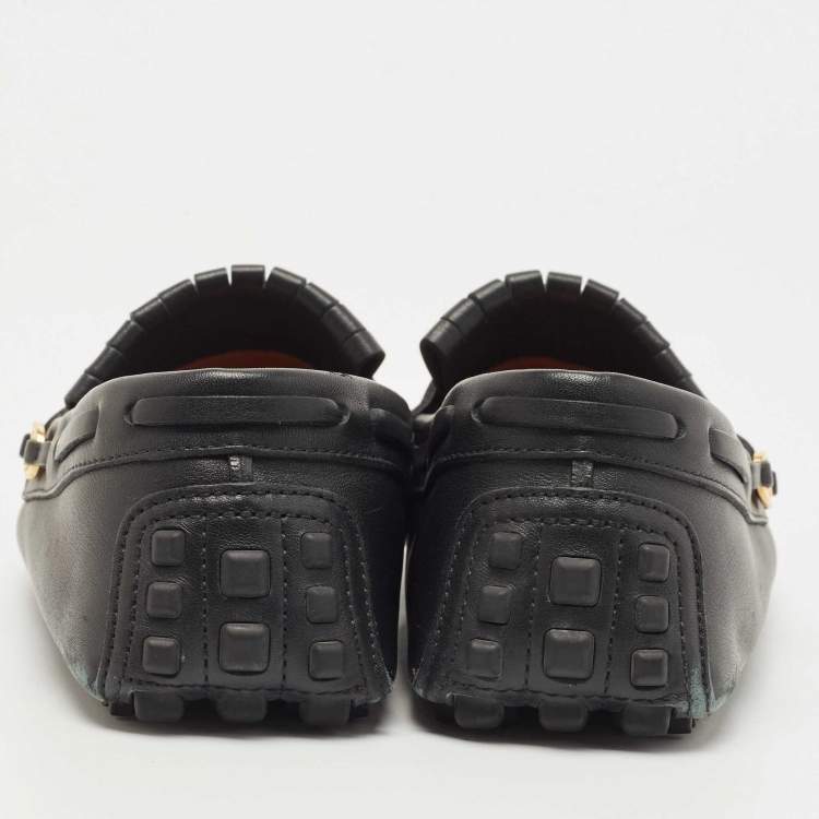 Pre Owned Gucci Black Leather Fringe Tassel Detail Slip On Loafers Size 42.5