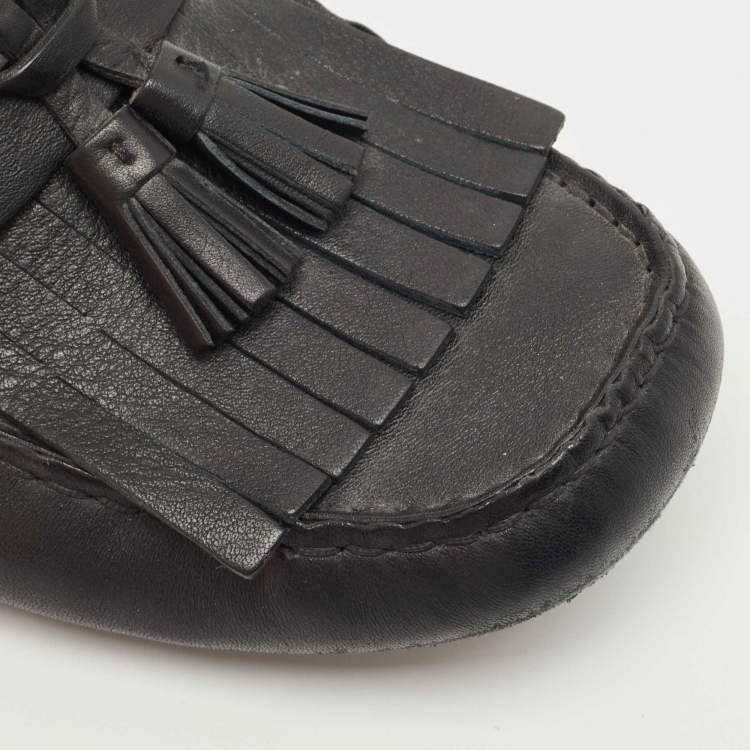 Pre Owned Gucci Black Leather Fringe Tassel Detail Slip On Loafers Size 42.5