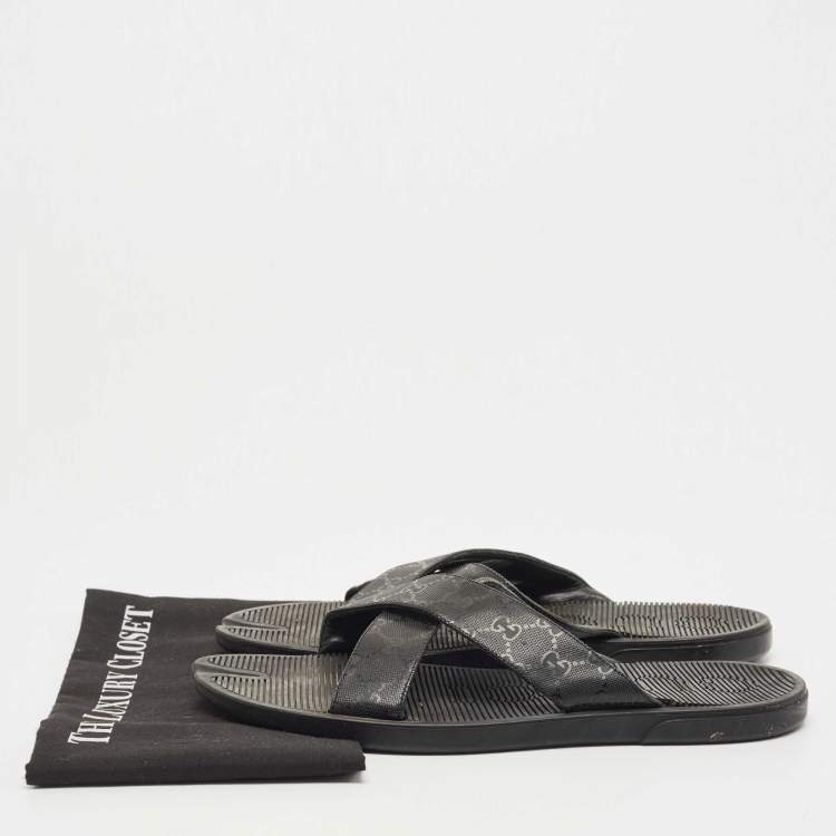Pre Owned Gucci Black GG Supreme Canvas Cross Strap Slides Size 45