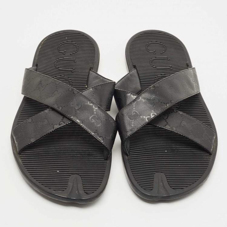 Pre Owned Gucci Black GG Supreme Canvas Cross Strap Slides Size 45