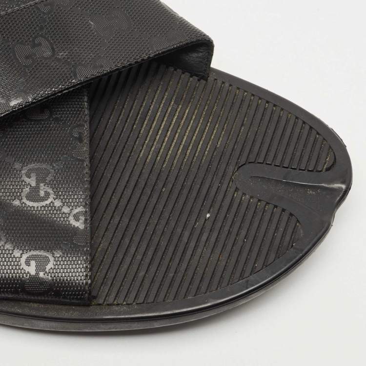 Pre Owned Gucci Black GG Supreme Canvas Cross Strap Slides Size 45