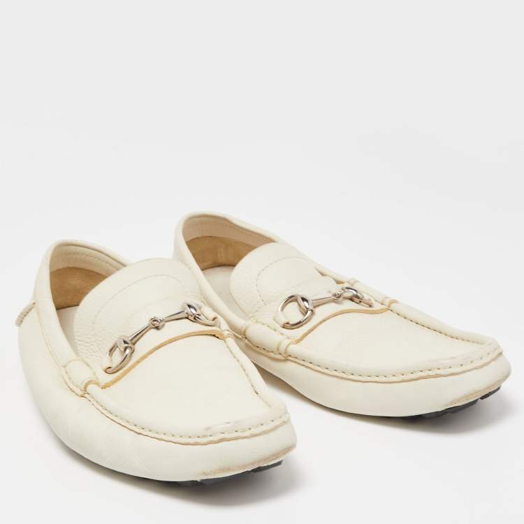 Pre Owned Gucci Cream Leather Horsebit Loafers Size 45