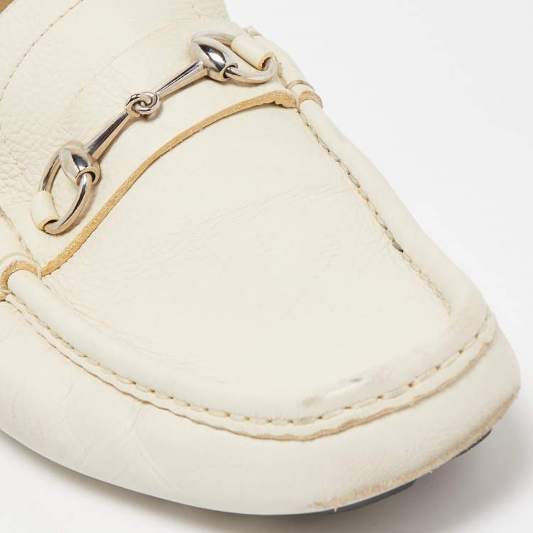 Pre Owned Gucci Cream Leather Horsebit Loafers Size 45
