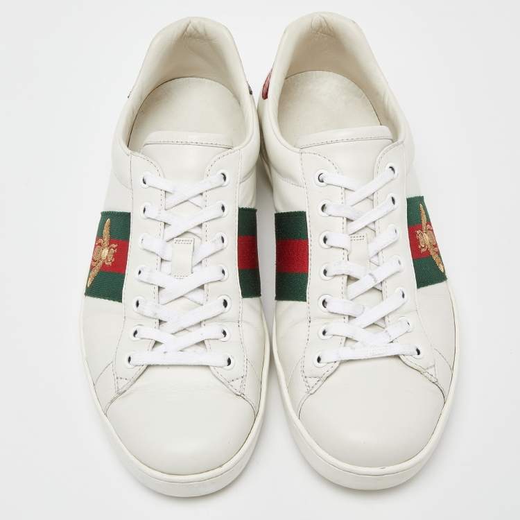 مملوكة مسبقًا Gucci White Leather Embroidered Bee Web Ace Low-Top Sneakers Size 42