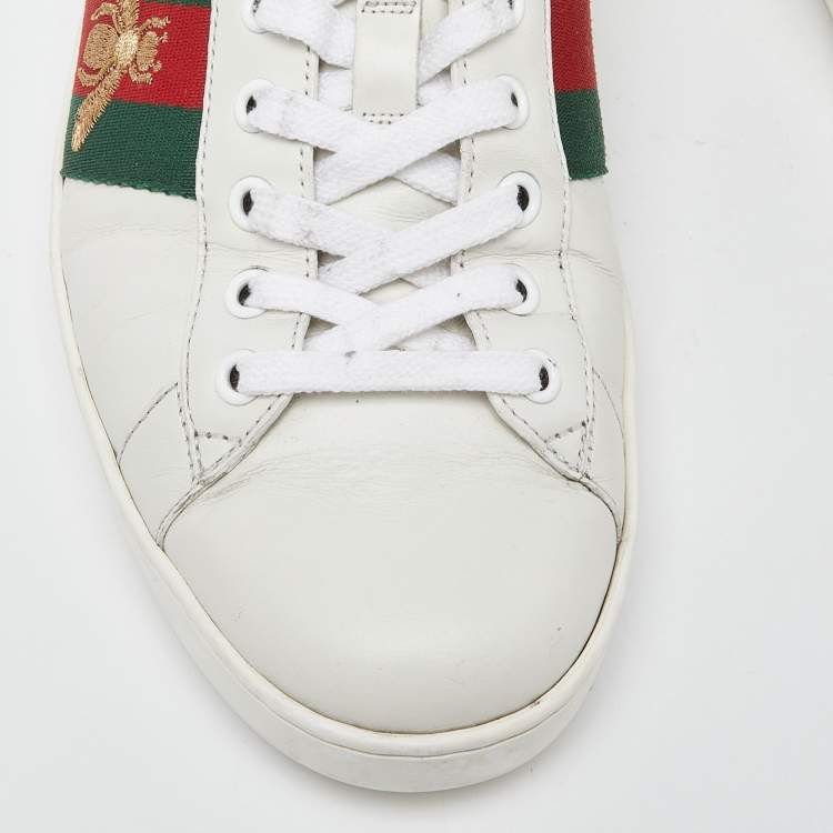 مملوكة مسبقًا Gucci White Leather Embroidered Bee Web Ace Low-Top Sneakers Size 42