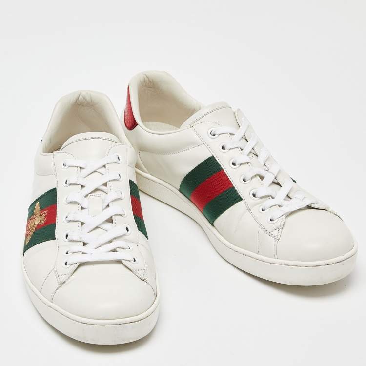 مملوكة مسبقًا Gucci White Leather Embroidered Bee Web Ace Low-Top Sneakers Size 42