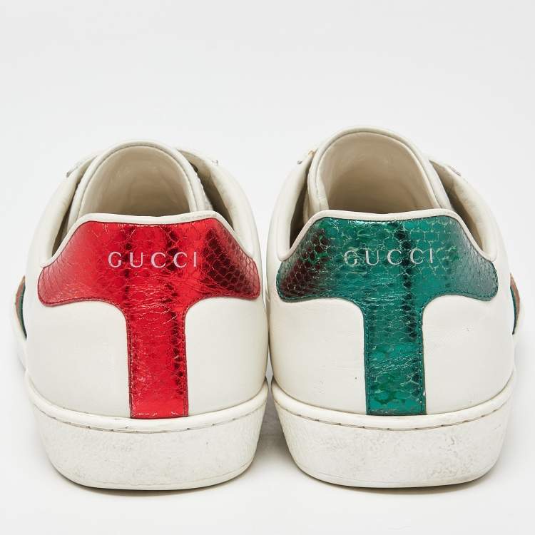 مملوكة مسبقًا Gucci White Leather Embroidered Bee Web Ace Low-Top Sneakers Size 42