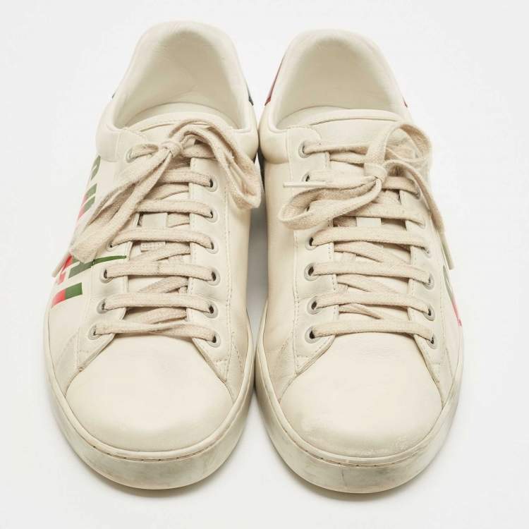 Pre Owned Gucci Off White Leather Ace Blade Print Low Top Sneakers Size 43 