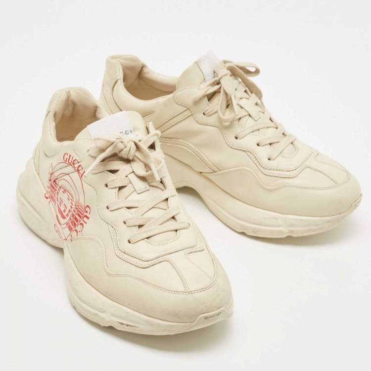 مملوكة مسبقًا Gucci Cream Leather Disk Rhyton Sneakers Size 42