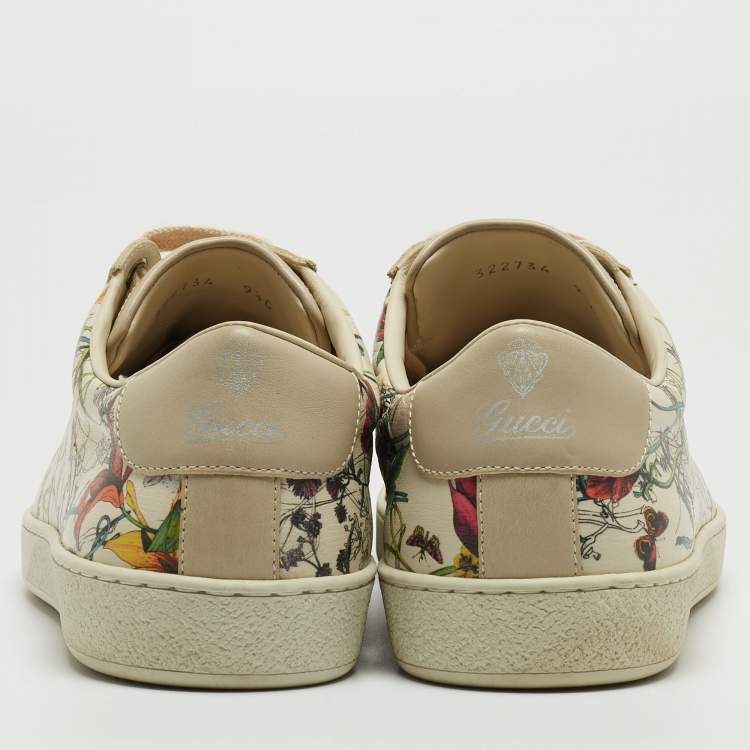 Pre Owned Gucci Grey Floral Print Leather Low Sneakers Size 43.5