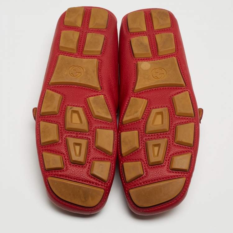 Pre Owned Gucci Red Leather Web Buckle Loafers Size 43