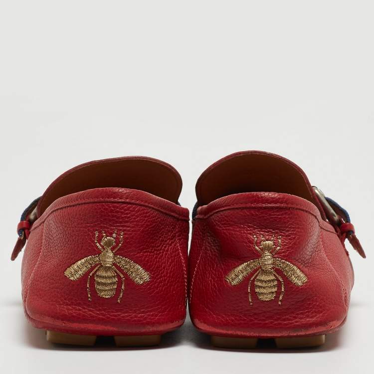 Pre Owned Gucci Red Leather Web Buckle Loafers Size 43